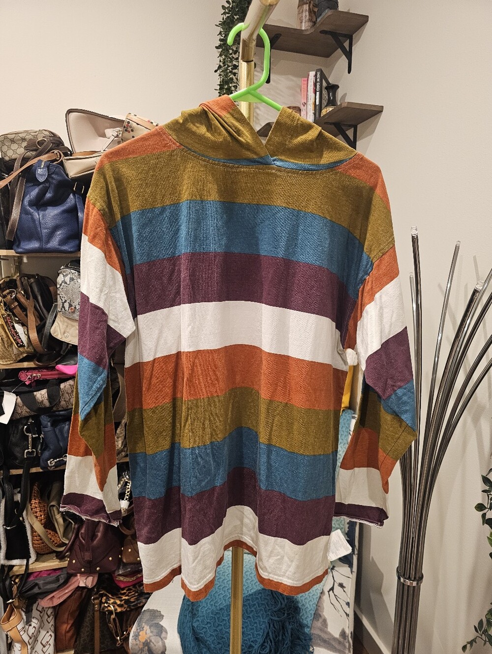 Vintage Striped Hooded Pullover Sweater in Mustard, Teal, Rust & White